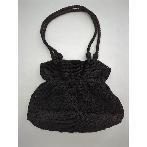 Lina Black Ruffle Top Crocheted ShoulderHobo hand bag Fully Lined 14 x 1 2x 4 - Picture 3 of 7